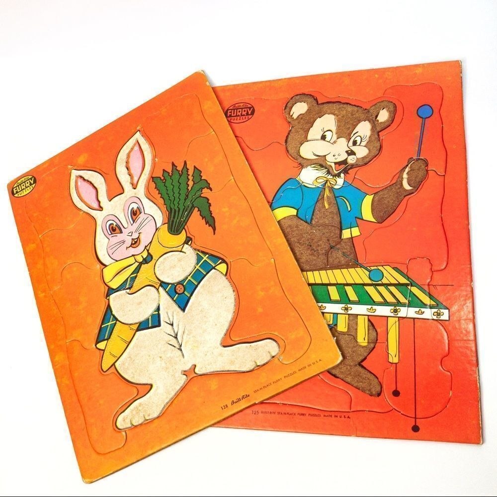 2 Built Rite Fuzzy, Furry Puzzles - Bunny/Bear, 1950’s Vintage